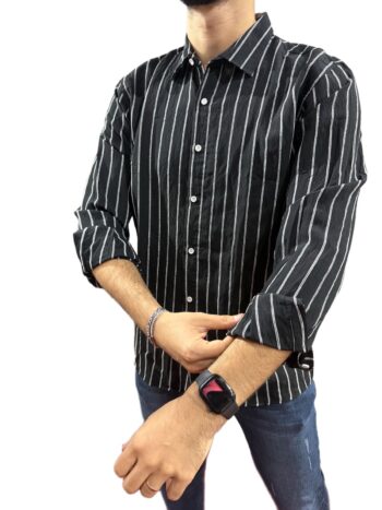 Mastiff Çizgili Keten Spor Gömlek Siyah