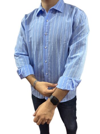 Mastiff Çizgili Keten Spor Gömlek Mavi